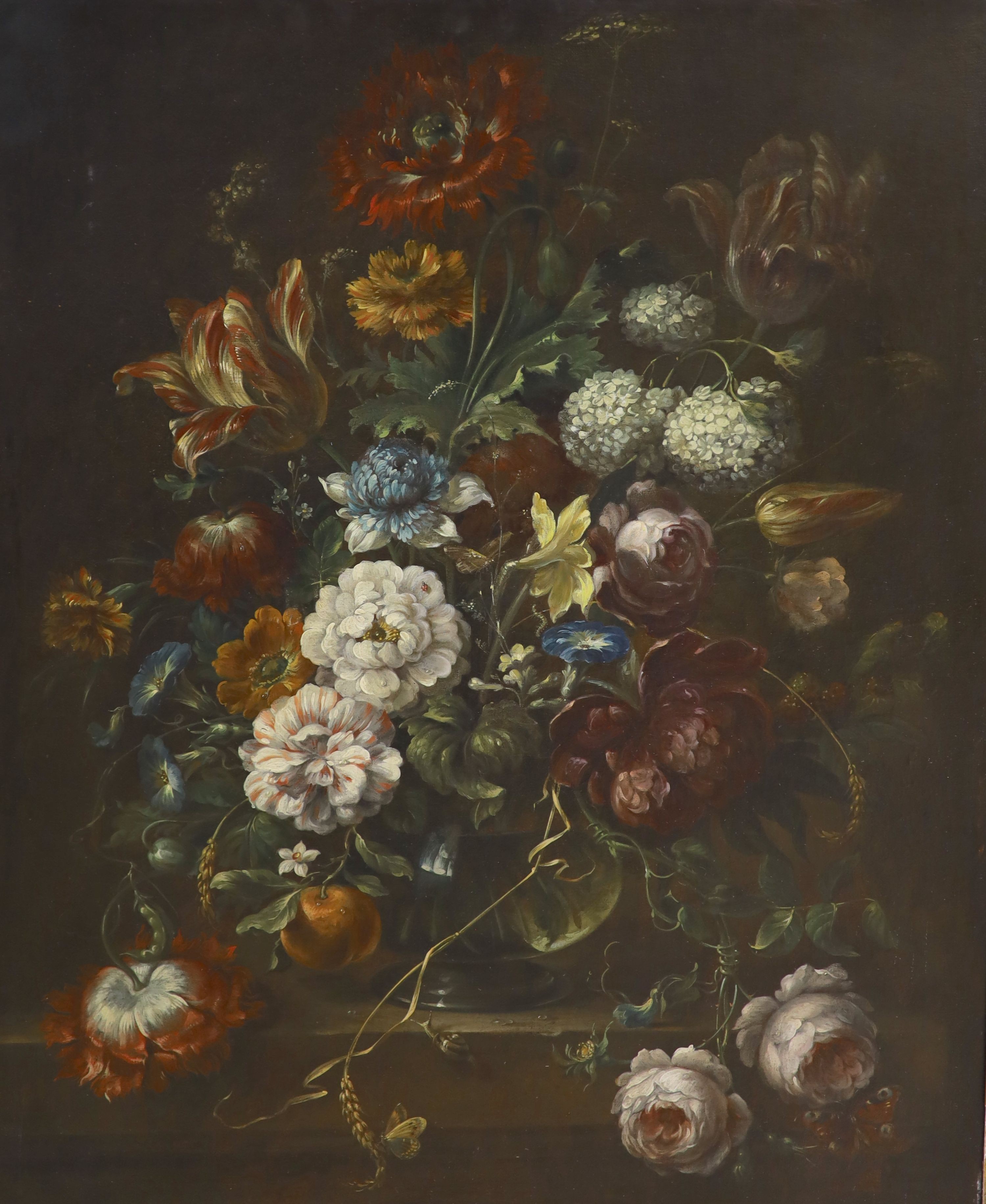 18th century Dutch School. Still life of flowers in a glass vase, oil on canvas, 28.75
